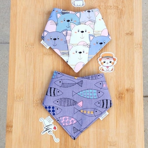 Cat Bandana with Snap On Button in Fun Cats & Fish Patterns, Medium to Large Cats, Handmade, Cotton, Pet Neckwear, Gifts for Furbabies