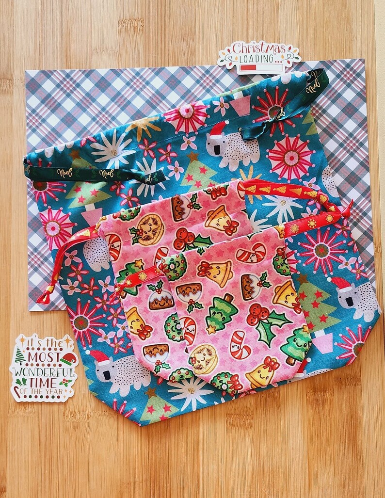 Drawstring Gift Bags in Christmas Candies, Koalas & Flowers Patterns