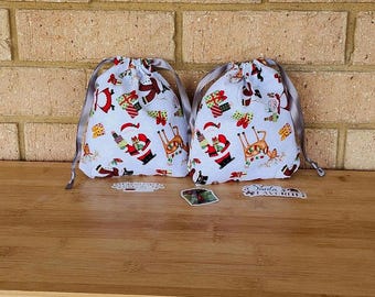 Christmas Drawstring Gift Bag, Santa & Reindeer Print, Reusable Holiday Favour Bag, Stocking Filers