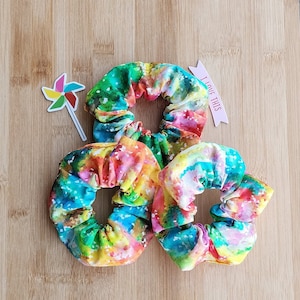 Rainbow Splatter Scrunchies - Large Size, Watercolour Pattern, Cotton, Hair Accessories, Wristlet, Hair Tie, Hair Elastic, Handmade, Gifts