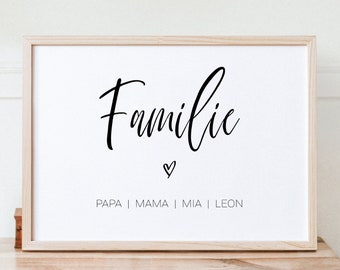 Familienbild personalisiert Papa, Mama, Kinder, Haustier Namen, Poster Weihnachten Geschenk Hochzeit Geburt Zuhause Familie Hund Katze