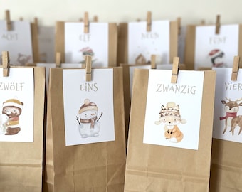 Adventskalender Kinder mit 24 Kraftpapier Tüten + Holz Klammern | Advent Kalender Säckchen Wichtel Fuchs Reh Weihnachtskalender zum befüllen