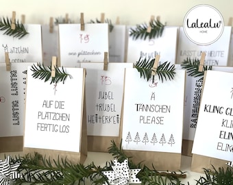 Calendrier de l'Avent avec 24 sachets en papier kraft et cartes imprimées, y compris des pinces à linge | DIY Calendrier de l'Avent Noël Calendrier de Noël