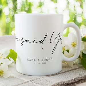 Personalized souvenir "we said yes" mug + names & date MOTHER OF PEARL MATT wedding gift bridal couple wedding picture poster Mr Mrs