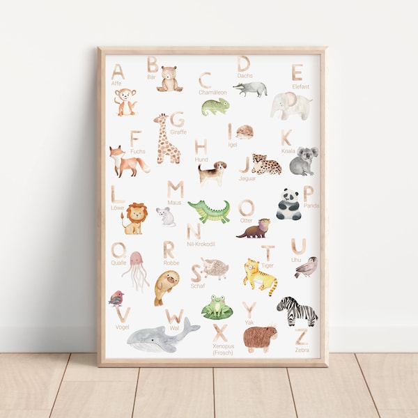 Affiche d'apprentissage de l'alphabet et des lettres ABC avec animaux, cadeau de scolarisation, numéros d'école maternelle, salle de classe Montessori, garçon et fille