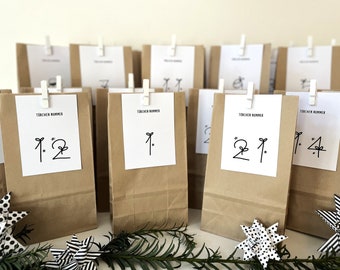 Calendrier de l'Avent avec 24 sacs en papier kraft + pinces en bois | Set de calendrier de l'Avent de Noël Sachet de lutins Calendrier de Noël à remplir