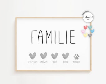 Photo de famille personnalisée papa, maman, enfants, noms d'animaux, affiche cadeau de Noël mariage naissance maison famille chien patte de chat