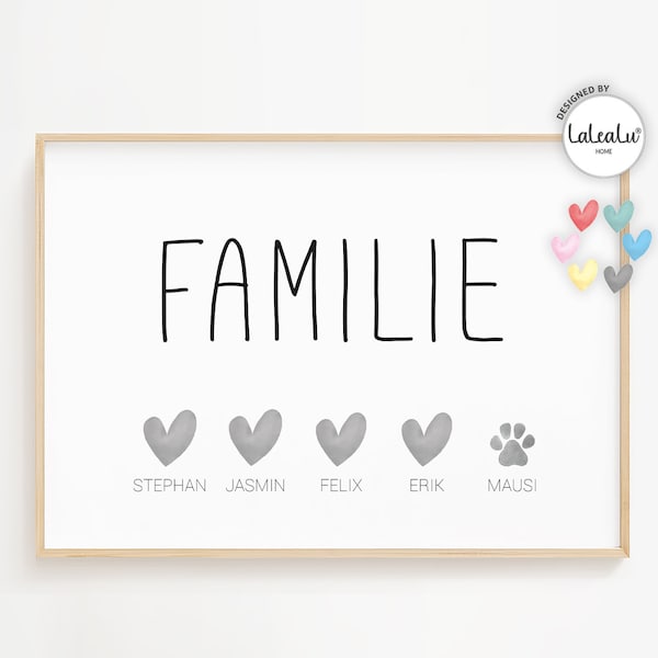 Familienbild personalisiert Papa, Mama, Kinder, Haustier Namen, Poster Weihnachten Geschenk Hochzeit Geburt Zuhause Familie Hund Katze Pfote