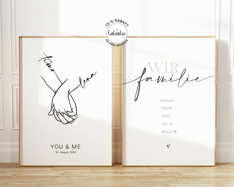 Hochzeitsbild You&Me personalisiert mit Namen Text Datum Hochzeitsgeschenk Hand in Hand Brautpaar Jahrestag Zuhause JGA Hochzeitstag Bild 2