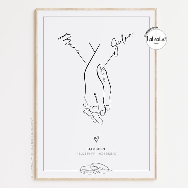 Hochzeitsbild "You&Me" personalisiert mit Namen + Text + Datum | Hochzeitsgeschenk Hand in Hand Brautpaar Jahrestag Zuhause JGA Hochzeitstag