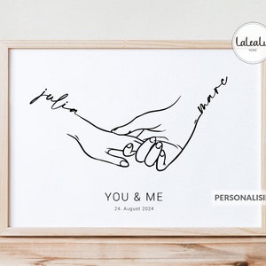 Trouwfoto "You&Me" gepersonaliseerd met naam + tekst + datum | Huwelijkscadeau hand in hand bruid en bruidegom jubileum thuis JGA trouwdag