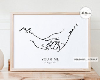 Hochzeitsbild "You&Me" personalisiert mit Namen + Text + Datum | Hochzeitsgeschenk Hand in Hand Brautpaar Jahrestag Zuhause JGA Hochzeitstag