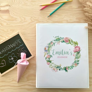 Zeugnismappe Ringbuch personalisiert mit Namen & Blumen inkl. 10 Hüllen | Geschenk zur Einschulung 1. Schultag Zeugnis Zeugnisse