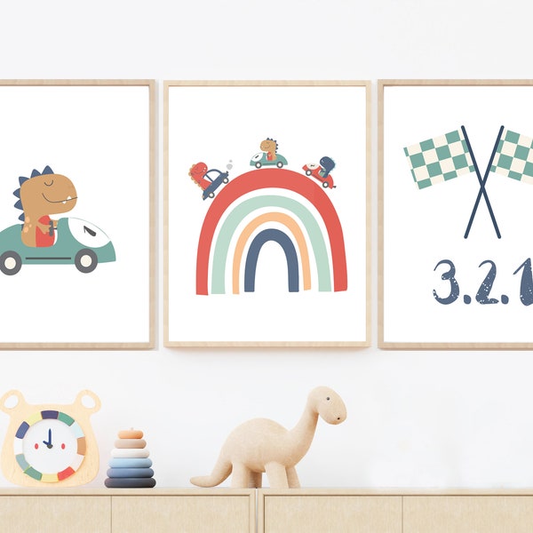 Racing Dinos Bilder Set | Dinosaurier im Rennauto | Deko Kinderzimmer Babyzimmer Dinosaurier Poster Geburtstag Junge Auto Rennwagen Formel 1