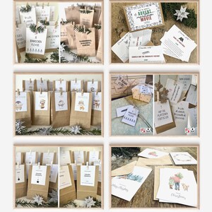 K&ouml;nnte beinhalten: Eine Sammlung brauner Papiert&uuml;ten mit verschiedenen Weihnachtsmotiven, darunter ein Schneemann, ein Rentier und ein Weihnachtsbaum. Die T&uuml;ten sind mit wei&szlig;en und schwarzen Sternen verziert und mit Schnur gebunden. Die T&uuml;ten sind in einem Raster auf einer Holzoberfl&auml;che angeordnet. Der Text "A Trindsen Please" ist auf einer der T&uuml;ten sichtbar.