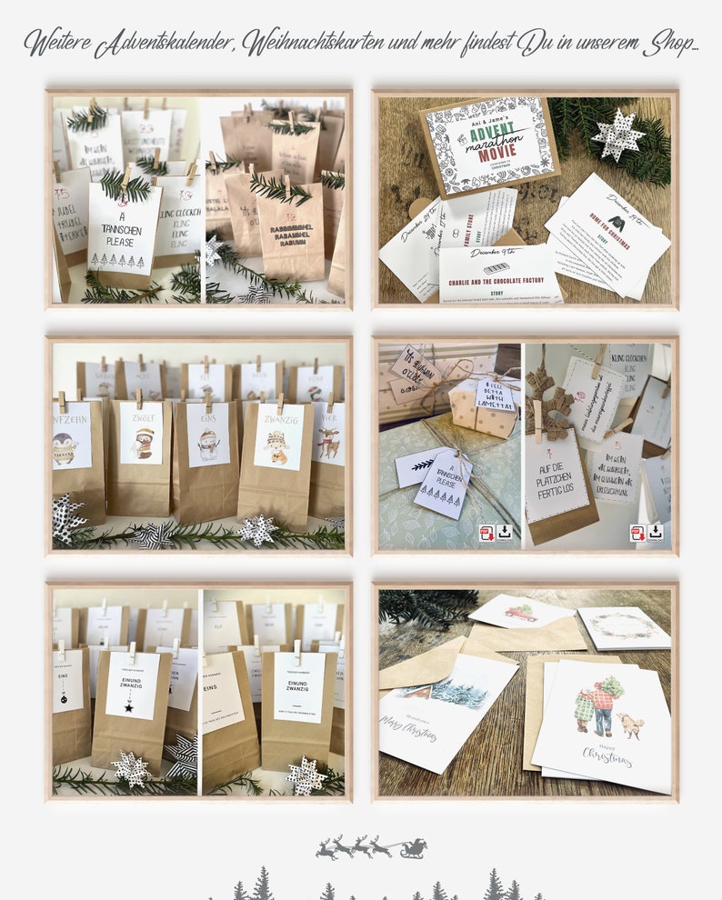 K&ouml;nnte beinhalten: Eine Sammlung brauner Papiert&uuml;ten mit verschiedenen Weihnachtsmotiven, darunter ein Schneemann, ein Rentier und ein Weihnachtsbaum. Die T&uuml;ten sind mit wei&szlig;en und schwarzen Sternen verziert und mit Schnur gebunden. Die T&uuml;ten sind in einem Raster auf einer Holzoberfl&auml;che angeordnet. Der Text "A Trindsen Please" ist auf einer der T&uuml;ten sichtbar.