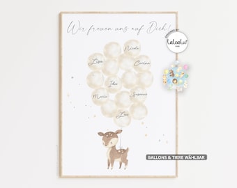 Gästebild Babyparty Ballons zum beschriften | Hase Reh Fuchs Bär Junge Mädchen Alternatives Gästebuch Gastgeschenk Baby Shower Poster Geburt