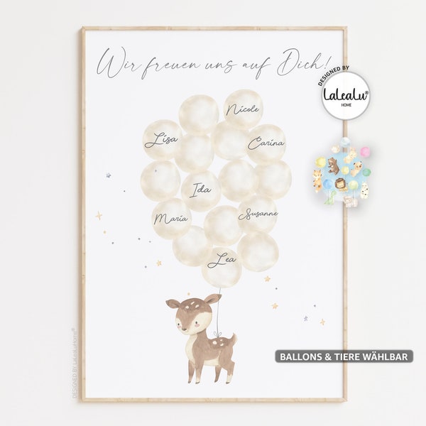 Gästebild Babyparty Ballons zum beschriften | Hase Reh Fuchs Bär Junge Mädchen Alternatives Gästebuch Gastgeschenk Baby Shower Poster Geburt