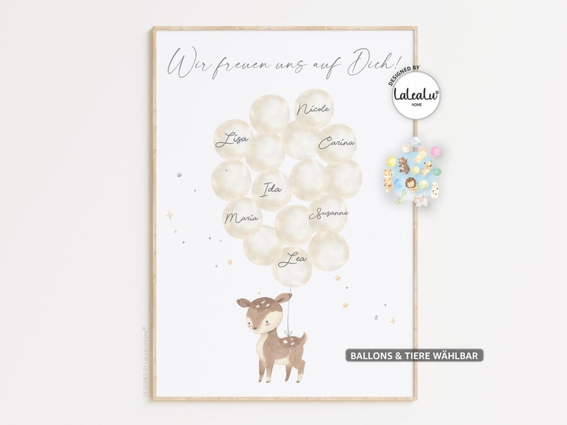 Gästebild Babyparty Ballons zum beschriften Hase Reh Fuchs Bär Junge Mädchen Alternatives Gästebuch Gastgeschenk Baby Shower Poster Geburt Bild 1