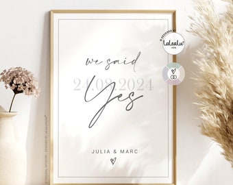 Wedding picture "we said Yes" personalized with names and date for the bride and groom, family, wedding, home, wedding gift, JGA