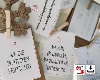 May include: A set of 12 printable Christmas advent calendar cards with festive illustrations and text. The cards feature phrases like "Kling Glockchen" and "Im Wein die Wahrheit".