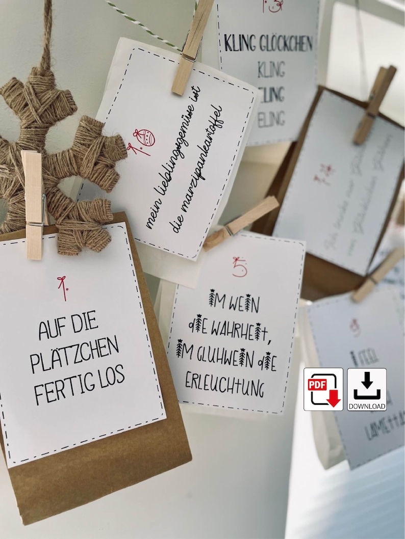 K&ouml;nnte beinhalten: Ein Satz von 12 druckbaren Adventskalenderkarten mit festlichen Illustrationen und Text. Die Karten zeigen S&auml;tze wie "Kling Glockchen" und "Im Wein die Wahrheit".
