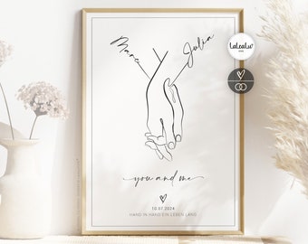 Wedding picture "You&Me" personalized with name + text + date | Wedding gift hand in hand bride and groom anniversary at home JGA wedding day