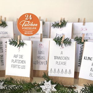 Advent calendar to fill | DIY set with 24 fun Advent cards, paper bags, and wooden pegs for the Advent and Christmas season.