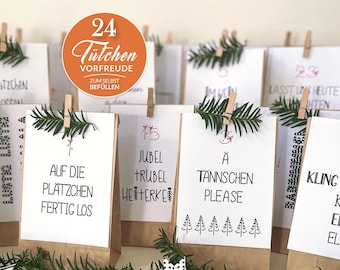 Adventskalender zum Befüllen | DIY-Set mit 24 lustigen Advent Karten, Papiertüten & Holzklammern für die Adventszeit und Weihnachtszeit.