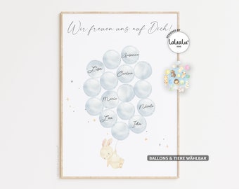 Gästebild Babyparty Ballons zum beschriften | Hase Reh Fuchs Bär Junge Mädchen Alternatives Gästebuch Gastgeschenk Baby Shower Poster Geburt