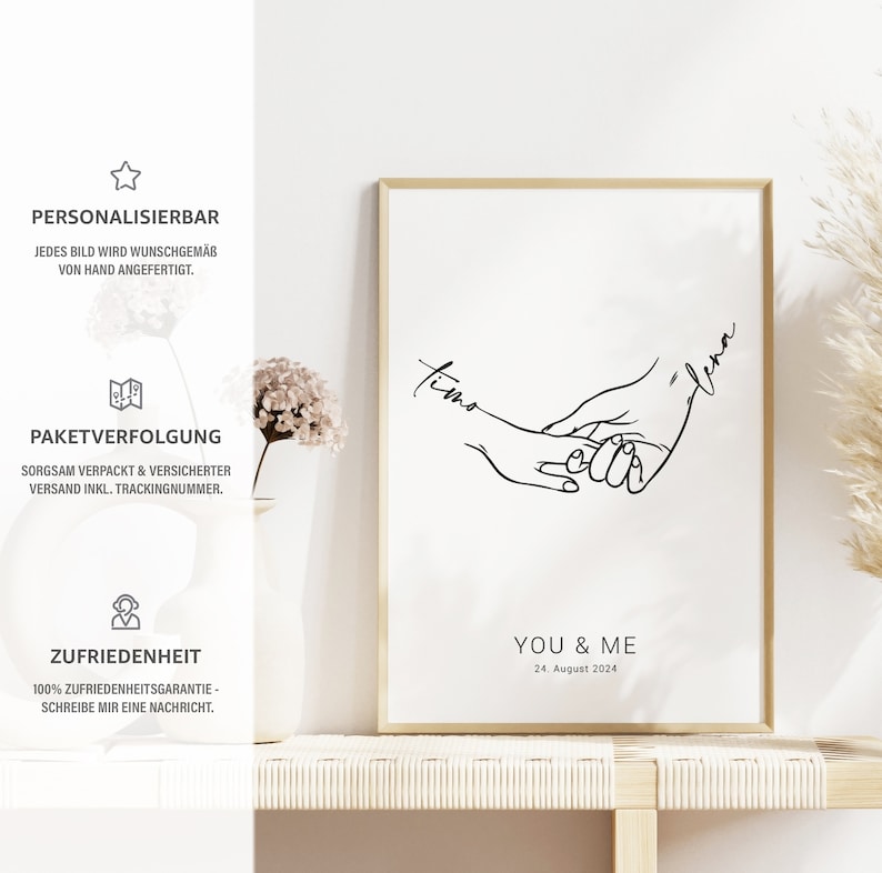 Hochzeitsbild You&Me personalisiert mit Namen Text Datum Hochzeitsgeschenk Hand in Hand Brautpaar Jahrestag Zuhause JGA Hochzeitstag Bild 3