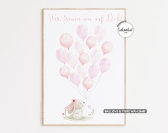 Gästebild Babyparty Ballons zum beschriften | Hase Reh Fuchs Junge Mädchen Alternatives Gästebuch Gastgeschenk Baby Shower Poster Geburt