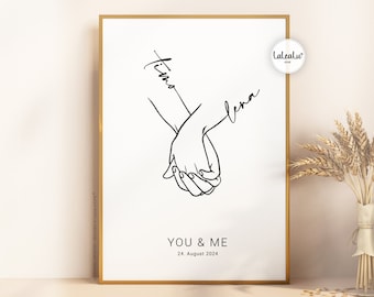 Hochzeitsbild "You&Me" personalisiert mit Namen + Text + Datum | Hochzeitsgeschenk Hand in Hand Brautpaar Jahrestag Zuhause JGA Hochzeitstag