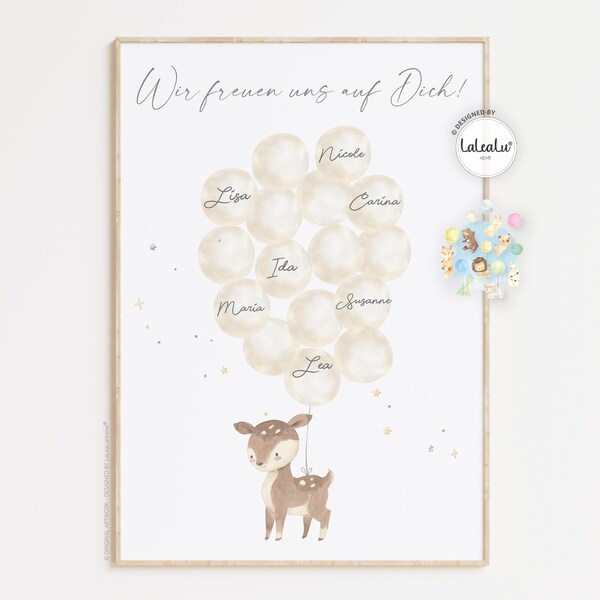 Gästebild Babyparty Ballons zum beschriften | Hase Reh Fuchs Bär Junge Mädchen Alternatives Gästebuch Gastgeschenk Baby Shower Poster Geburt