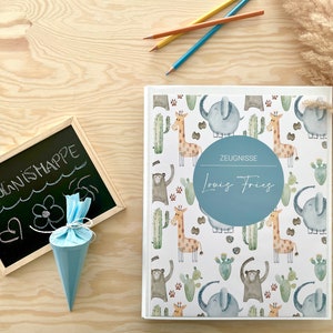 Zeugnismappe Ringbuch personalisiert mit Namen & Safari Tieren inkl. 10 Hüllen | Geschenk zur Einschulung 1. Schultag Zeugnis Zeugnisse