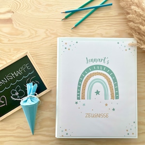 Zeugnismappe Ringbuch personalisiert mit Namen & Regenbogen in Blau inkl. 10 Hüllen | Geschenk zur Einschulung 1. Schultag Zeugnis Zeugnisse