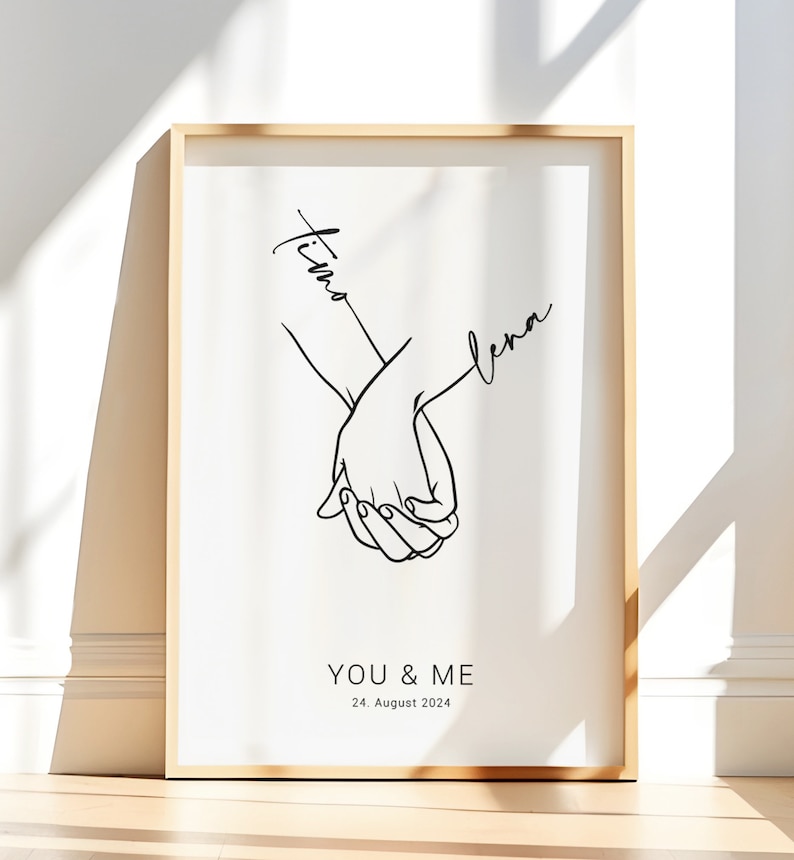 Hochzeitsbild You&Me personalisiert mit Namen Text Datum Hochzeitsgeschenk Hand in Hand Brautpaar Jahrestag Zuhause JGA Hochzeitstag Bild 7