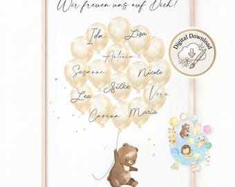 Guest book for baby showers | Balloons for writing on | Rabbit, deer, fox, bear, boy, girl | Alternative guest book | Party favor | Baby shower poster | Birth