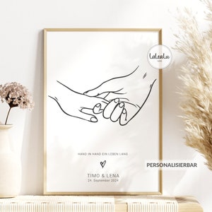 Cadeau de mariage personnalisé "Main dans la main - pour toute une vie", félicitations de mariage, jour du mariage, mariage, jeunes mariés, typographie, famille, mariage