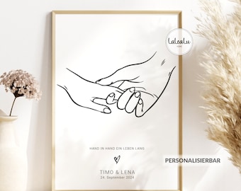 Wedding gift personalized "Hand in hand - for a lifetime", wedding congratulations, wedding day, marriage, newlyweds, typography, family, marriage