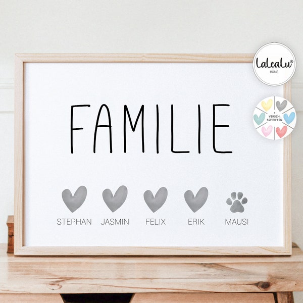 Familienbild personalisiert Papa, Mama, Kinder, Haustier Namen, Poster Weihnachten Geschenk Hochzeit Geburt Zuhause Familie Hund Katze Pfote