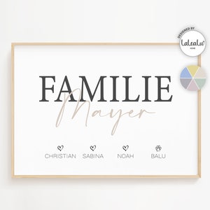 Familienbild personalisiert mit Namen Herzen & Pfote Familienposter Haustier Hund Katze Familie Poster Bild Zuhause Baby Geburt JGA Geschenk