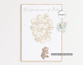 Gästebild Babyparty Ballons zum beschriften | Hase Reh Fuchs Bär Junge Mädchen Alternatives Gästebuch Gastgeschenk Baby Shower Poster Geburt