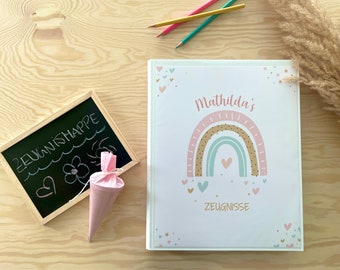 Zeugnismappe Ringbuch personalisiert mit Namen & Regenbogen in Rosa inkl. 10 Hüllen | Geschenk zur Einschulung 1. Schultag Zeugnis Zeugnisse