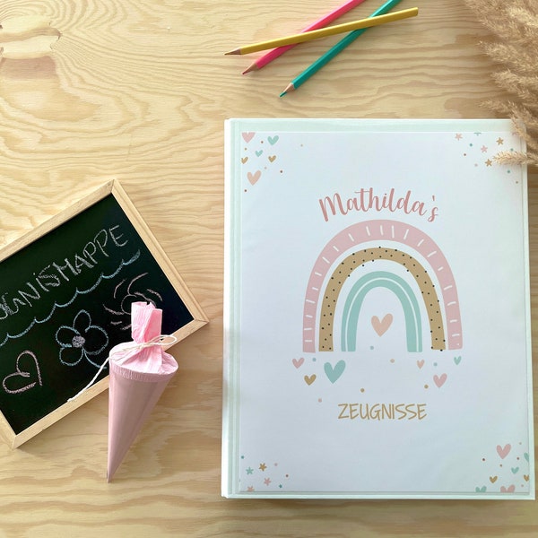 Zeugnismappe Ringbuch personalisiert mit Namen & Regenbogen in Rosa inkl. 10 Hüllen | Geschenk zur Einschulung 1. Schultag Zeugnis Zeugnisse