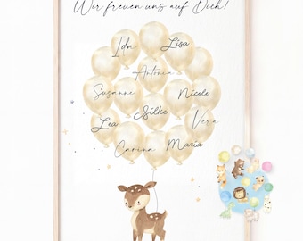 Guest book for baby showers | Balloons for writing on | Rabbit, deer, fox, bear, boy, girl | Alternative guest book | Party favor | Baby shower poster | Birth