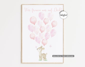 Gästebild Babyparty Ballons zum beschriften | Hase Reh Fuchs Junge Mädchen Alternatives Gästebuch Gastgeschenk Baby Shower Poster Geburt