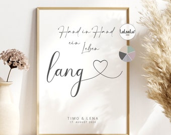 Hochzeitsbild personalisiert "Hand in Hand - ein Leben lang" für das Brautpaar. Hochzeitsgeschenk.