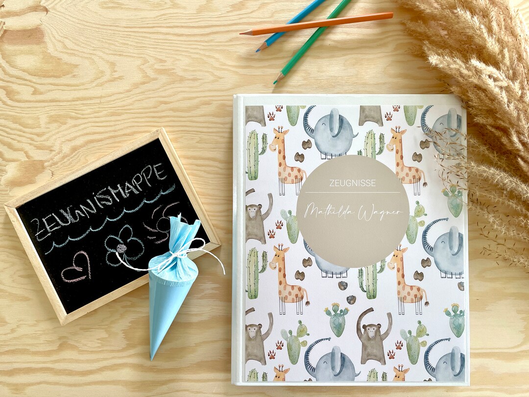 Zeugnismappe Ringbuch personalisiert mit Namen & Safari Tieren inkl. 10 ...