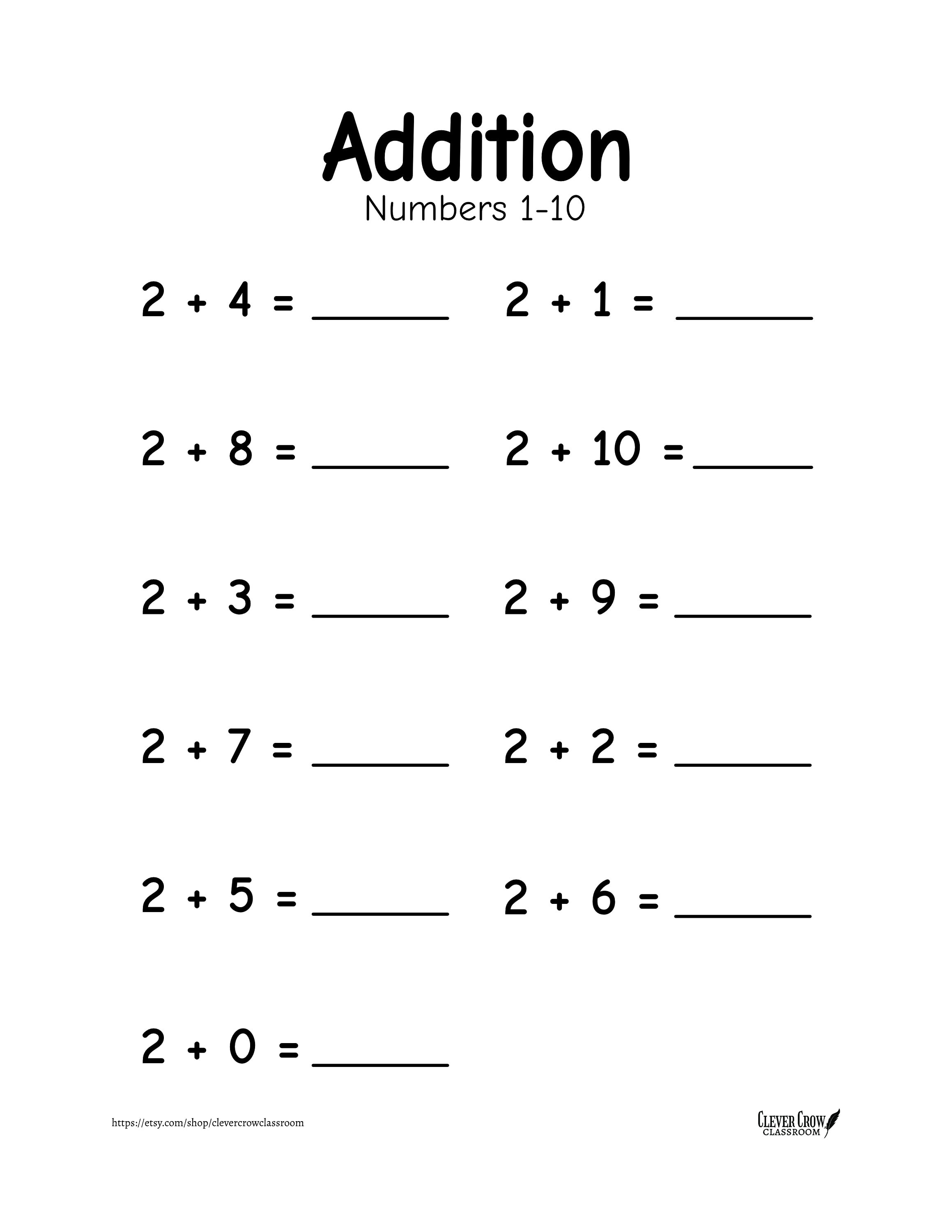 Addition Worksheets Numbers 1-10 20 Printable Worksheets - Etsy